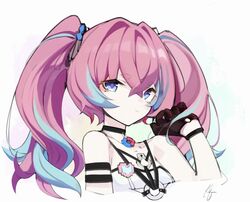  blue_eyes blue_hair choker commentary_request error1980 female gloves heart highres honkai_(series) honkai_impact_3rd long_hair looking_at_viewer multicolored_hair pale_skin partial_commentary pink_hair rozaliya_olenyeva rozaliya_olenyeva_(fervent_tempo) solo twintails 