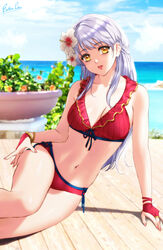  arm_support artist_name bikini blue_sky breasts cleavage cloud collarbone commentary day esther_shen female fire_emblem fire_emblem:_radiant_dawn fire_emblem_heroes flower hair_flower hair_ornament hibiscus long_hair looking_at_viewer medium_breasts micaiah_(fire_emblem) micaiah_(summer)_(fire_emblem) navel official_alternate_costume outdoors parted_lips pink_lips red_bikini sitting sky solo stomach swimsuit thighs very_long_hair water white_flower white_hair yellow_eyes 