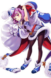  ankle_boots arm_up armpits belt black_pantyhose black_ribbon blue_dress blue_footwear blue_hat blue_santa_costume blush boots boshi_(a-ieba) breasts carrying_over_shoulder coat commentary dress fate/grand_order fate/grand_order_arcade fate_(series) female full_body fur-trimmed_boots fur-trimmed_dress fur_coat fur_trim hair_ribbon halterneck hat helena_blavatsky_(christmas)_(fate) helena_blavatsky_(fate) highres holding holding_sack leaning_forward looking_at_viewer off_shoulder open_mouth oversized_object pantyhose purple_eyes purple_hair red_belt ribbon sack santa_costume santa_hat short_dress short_hair simple_background sleeveless sleeveless_dress small_breasts snowflake_print solo standing sweat white_background 