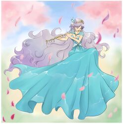  blue_dress blue_sky border breasts cherry_blossoms cleavage closed_eyes commentary_request curly_hair dragon_quest dragon_quest_v dress female flute hair_ribbon hatori_naruyoshi holding holding_instrument instrument long_dress long_hair medium_breasts music petals playing_instrument pointy_ears powan purple_hair ribbon sky solo tiara tree very_long_hair white_border 