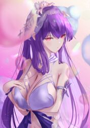  absurdres bare_shoulders bikini breast_hold breasts chunchilin cleavage collarbone fate/grand_order fate_(series) female flower hair_between_eyes hair_flower hair_ornament highres large_breasts long_hair looking_at_viewer navel purple_hair red_eyes scathach_(fate) scathach_skadi_(fate) scathach_skadi_(swimsuit_ruler)_(fate) scathach_skadi_(swimsuit_ruler)_(third_ascension)_(fate) solo swimsuit white_bikini 