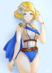  alternate_costume blonde_hair blue_eyes blush bracelet braid breasts cape circlet commission deekei female fire_emblem fire_emblem_warriors hair_ornament highres jewelry lianna_(fire_emblem) looking_at_viewer medium_breasts parted_lips princess sash short_hair simple_background smile solo swimsuit thighs tiara upper_body 