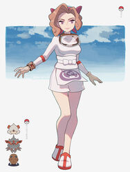  1boy border bracelet brown_hair closed_mouth cloud commentary_request diving_mask diving_mask_around_neck eyelashes female full_body goggles highres hisuian_arcanine hisuian_growlithe iscan_(pokemon) jewelry knees long_sleeves mayuzumi medium_hair palina_(pokemon) poke_ball_symbol pokemon pokemon_legends:_arceus purple_eyes shirt shoes shorts sideways_glance sky smile standing white_border white_footwear white_shirt white_shorts 