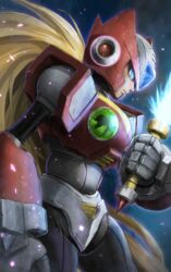  1boy android arm_at_side armor blonde_hair blue_background blue_eyes closed_mouth commentary_request cowboy_shot crack energy_sword from_side gloves gradient_background grey_gloves helmet highres holding holding_sword holding_weapon hoshi_mikan long_hair male_focus mega_man_(series) mega_man_x_(series) ponytail profile red_headwear robot_ears serious solo standing sword teppen very_long_hair weapon zero_(mega_man) 