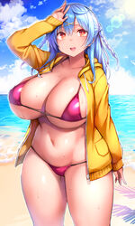  arm_at_side arm_up beach belly bikini blue_hair blue_sky braid breasts cleavage cloud commentary_request cowboy_shot day female hair_ornament highres horizon huge_breasts jacket lens_flare long_hair long_sleeves looking_at_viewer mole mole_under_eye navel open_clothes open_jacket open_mouth original outdoors plump purple_bikini red_eyes sand sky solo standing sweat swimsuit tsukumiya_amane twin_braids unzipped water x_hair_ornament yellow_jacket 