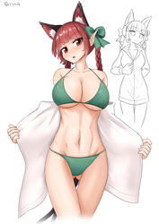  :o animal_ears ass_visible_through_thighs bikini blush bow braid breasts cat_ears cat_tail cleavage commentary_request cowboy_shot extra_ears female green_bikini green_bow hairbow highres igu_(103milk) jacket kaenbyou_rin large_breasts long_hair looking_at_viewer multiple_tails navel nekomata open_clothes open_jacket pointy_ears red_eyes red_hair simple_background solo standing stomach swimsuit tail touhou twin_braids twitter_username undressing unzipping white_background white_jacket 