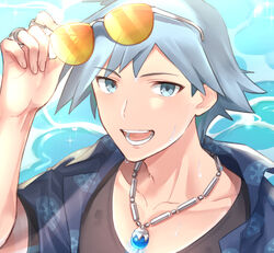  1boy collarbone commentary_request grey_eyes grey_hair hand_up holding holding_removed_eyewear jewelry looking_at_viewer male_focus necklace official_alternate_costume open_clothes open_mouth open_shirt pokemon pokemon_masters_ex ring shirt short_hair short_sleeves solo sparkle spiked_hair steven_stone steven_stone_(summer_2020) sunglasses teeth tinted_eyewear tongue tudurimike unworn_eyewear upper_body water wet yellow-tinted_eyewear 