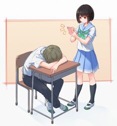  1777_kaki 1boy black_hair black_legwear black_pants blue_sailor_collar blue_skirt blush bow chair closed_mouth collared_shirt desk female gekijouban_hibike!_euphonium green_neckerchief hairbow hibike!_euphonium hisaishi_kanade holding holding_phone kitauji_high_school_uniform looking_at_another neckerchief pants phone pleated_skirt red_bow red_eyes sailor_collar school_uniform serafuku shirt shoes short_hair short_sleeves sitting skirt sleeping smile socks standing tsukinaga_motomu uwabaki white_footwear white_shirt 