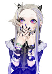  absurdres black_dress black_nails commentary_request dress eye_focus eyelashes facial_mark female fingernails forehead grey_hair hair_slicked_back hand_to_own_mouth hands_up herme_(ohisashiburi) highres horns interlocked_fingers light_blush long_fingernails long_sleeves looking_up multicolored_eyes multicolored_hair multicolored_nails nail_art ohisashiburi original own_hands_together parted_lips pink_eyes purple_eyes purple_hair purple_nails short_hair_with_long_locks sidelocks simple_background slit_pupils solo too_many too_many_wristwatches two-tone_hair upper_body watch white_background wristband wristwatch 