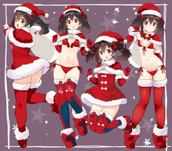  bikini black_hair bow breasts capelet christmas commentary_request female footwear_bow front-tie_top fur-trimmed_capelet fur_trim gloves hairbow hat holding holding_sack kurokawa_makoto looking_at_viewer love_live! love_live!_school_idol_project multiple_views navel open_mouth red_bikini red_bow red_capelet red_eyes red_footwear red_gloves red_headwear red_legwear sack santa_bikini santa_hat shoes side-tie_bikini_bottom small_breasts smile stomach swimsuit thighhighs twintails yazawa_nico 