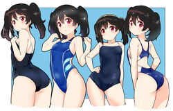  ass bare_shoulders black_hair blue_background blue_one-piece_swimsuit breasts closed_mouth commentary_request competition_school_swimsuit competition_swimsuit covered_navel cropped_legs female hand_on_own_hip highres kurokawa_makoto long_hair looking_at_viewer looking_back love_live! love_live!_school_idol_project multiple_views one-piece_swimsuit red_eyes school_swimsuit small_breasts swimsuit twintails two-tone_background white_background yazawa_nico 