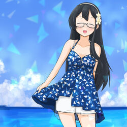  black-framed_eyewear black_hair blue_dress blush closed_eyes collarbone cowboy_shot dress female flower glasses hair_between_eyes hair_flower hair_ornament hairband highres kantai_collection long_hair official_alternate_costume ooyodo_(kancolle) open_mouth semi-rimless_eyewear shorts shorts_under_dress sleeveless sleeveless_dress smile solo sosser white_flower white_hairband white_shorts 