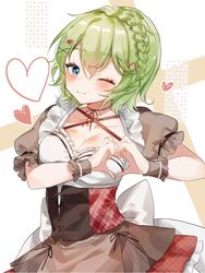  blue_eyes blush braid breasts choker dress female green_hair heart heart_hands highres looking_at_viewer maha5 one_eye_closed otonari_moka pale_skin short_hair sorani_(kaeru0768) virtual_youtuber 