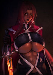  abs absurdres black_gloves breasts cape center_opening commentary dark-skinned_female dark_skin female gloves highres holding holding_sword holding_weapon huge_breasts ingrid_(taimanin_murasaki) lipstick long_hair makeup mole mole_under_mouth orange_eyes planted planted_sword purple_lips red_cape red_hair revealing_clothes reverse_grip solo sword taimanin_(series) taimanin_asagi taimanin_murasaki twitter_username underboob very_long_hair watermark weapon xuuikie_ashe 