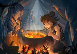  absurdres bonfire bowl chinese_commentary commentary_request cooking female fire fire_emblem fire_emblem_fates food highres hinata_(fire_emblem) kaden_(fire_emblem) ladle mavis_fuji multiple_boys oboro_(fire_emblem) open_mouth pot smile subaki_(fire_emblem) tent 