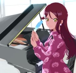  bad_id bad_pixiv_id chair collared_dress dress earrings feathers grand_piano hair_ornament haruzu2000 instrument jewelry long_hair long_sleeves love_live! love_live!_sunshine!! nail_polish piano red_hair ribbon sakurauchi_riko smile window yellow_eyes 