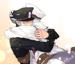  2boys affectionate black_coat black_headwear brothers closed_eyes coat commentary_request crying emmet_(pokemon) good_end gradient_background grey_hair hat hug ingo_(pokemon) komoten_(yuigadokusontei) male_focus md5_mismatch multiple_boys peaked_cap pokemon pokemon_bw pokemon_legends:_arceus short_hair siblings sideburns striped striped_coat tears white_coat white_headwear 