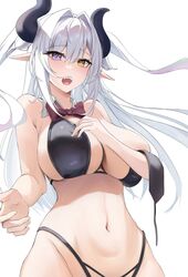  aoi_13 bare_shoulders bikini black_bikini breasts cleavage demon_horns detached_collar female heterochromia highleg highleg_bikini highres horns large_breasts long_hair looking_at_viewer navel necktie open_mouth original pointy_ears purple_eyes red_necktie sideboob solo stomach swimsuit white_background white_hair yellow_eyes 