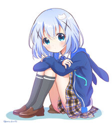  animal_ears animal_hood arms_on_knees black_socks blue_eyes blue_hair blue_jacket blue_ribbon blush brown_footwear brown_skirt clockwork_rabbit collared_shirt commentary_request expressionless fake_animal_ears female gochuumon_wa_usagi_desu_ka? hair_ornament hood hood_down hooded_jacket jacket kafuu_chino knees_up loafers long_sleeves looking_at_viewer mozukun43 neck_ribbon plaid plaid_skirt pleated_skirt rabbit_hood ribbon shirt shoes short_hair simple_background sitting skirt socks solo twitter_username white_background white_shirt x_hair_ornament 