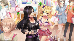  6+girls ;d bare_shoulders belt black_choker black_hair black_jacket black_pants blonde_hair blue_eyes braid breasts butterfly_hair_ornament choker cleavage copyright_notice dolphin_wave extra game_cg hair_ornament hair_over_one_eye highres izumi_kiri jacket jewelry kurose_minami large_breasts leather leather_jacket leg_up long_hair marvelous multicolored_hair multiple_girls necklace off-shoulder_shirt off_shoulder official_art one_eye_closed ootomo_takuji pants pink_skirt plaid plaid_skirt pleated_skirt purple_hair shirt side_ponytail sidelocks skirt smile standing standing_on_one_leg streaked_hair twin_braids 