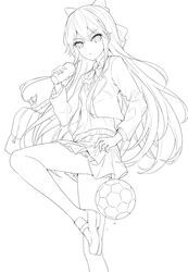  bag bag_charm ball blazer bow charm_(object) collared_shirt cup disposable_cup drinking_straw female greyscale hair_between_eyes hairbow holding holding_cup jacket loafers long_hair long_sleeves monochrome open_clothes open_jacket original parted_lips pleated_skirt ririko_(zhuoyandesailaer) saegusa_riko school_bag shirt shoes simple_background skirt soccer_ball solo standing standing_on_one_leg sweater v-shaped_eyebrows very_long_hair white_background 