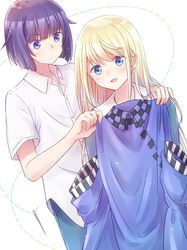  1boy :d absurdres blonde_hair blue_dress blue_eyes blue_pants chiyuki_fujito clothes_in_front commentary dress female highres holding holding_clothes holding_dress ikuto_tsumura long_hair needle nyaa_(nnekoron) open_mouth pants purple_eyes purple_hair runway_de_waratte sewing_needle shirt simple_background smile thread unworn_dress white_background white_shirt 