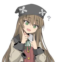  :d ? blush_stickers brown_hair collared_shirt commentary el_mofus_(brown_hair_female) female green_eyes hat highres long_hair looking_at_viewer neck_ribbon open_mouth pointing pointing_at_self rance_(series) rance_10 ribbon shirt simple_background smile solo tori_(minamopa) upper_body white_background 