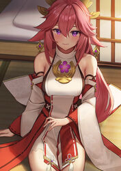  absurdres animal_ears bare_shoulders bed blush breasts closed_mouth commentary female fox_ears fox_girl genshin_impact gileu hair_ornament half-closed_eyes highres indoors japanese_clothes looking_at_viewer pillow pink_hair purple_eyes shorts sitting solo tatami white_shorts wide_sleeves yae_miko 