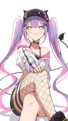  bad_id bad_pixiv_id baseball_cap bibi_(tokoyami_towa) black_choker black_footwear black_hat black_shorts black_tank_top blush choker colored_inner_hair commentary cropped_jacket crossed_legs demon_tail english_commentary fake_horns female fishnet_thighhighs fishnets green_eyes green_nails grin hair_between_eyes hair_ornament hairclip hat highres hololive horned_headwear horns hz_(helu_2) invisible_chair jacket long_hair looking_at_viewer midriff multicolored_hair multicolored_nails nail_polish o-ring o-ring_choker off_shoulder piercing pink_hair purple_hair purple_nails shoes short_shorts shorts simple_background single_thighhigh sitting smile solo streaked_hair tail tail_ornament tail_piercing tail_ring tank_top thigh_strap thighhighs tokoyami_towa tokoyami_towa_(1st_costume) twintails virtual_youtuber white_background white_jacket 