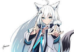  ahoge animal_ears bad_id bad_pixiv_id blue_eyes blush breasts closed_mouth coat commentary crossed_fingers dated female fox_ears fox_girl fox_tail fur-trimmed_coat fur_trim hair_between_eyes hair_ornament hairclip highres hololive hz_(helu_2) jewelry jujutsu_kaisen long_hair looking_at_viewer necklace official_alternate_costume open_clothes open_coat shirakami_fubuki shirakami_fubuki_(fubukitek) shirt signature simple_background small_breasts smile solo straight_hair tail upper_body virtual_youtuber white_background white_coat white_hair white_shirt 