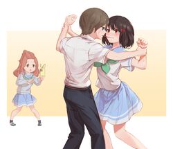  1777_kaki 1boy 2girls black_hair black_pants blue_sailor_collar bow brown_hair cellphone food gekijouban_hibike!_euphonium green_eyes green_neckerchief hair_ornament hair_ribbon hairbow hibike!_euphonium highres hisaishi_kanade kenzaki_ririka kitauji_high_school_uniform long_hair long_sleeves multiple_girls neckerchief pants phone pleated_skirt pocky pocky_kiss red_eyes red_ribbon ribbon sailor_collar school_uniform serafuku shirt short_hair short_sleeves skirt smartphone star_(symbol) star_hair_ornament straight taking_picture tsukinaga_motomu white_shirt 