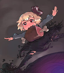  black_dress blonde_hair boned_meat commentary_request darkness dress fang_out female food food_in_mouth freckles full_body grey_background hair_ribbon long_sleeves meat mouth_hold oerba_yun_fang outstretched_arms red_eyes red_ribbon ribbon rumia shirt short_hair solo spread_arms touhou white_shirt yst 