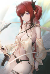  against_rock arknights artist_name bare_shoulders bikini black_bikini breasts cleavage cowboy_shot criss-cross_halter detached_sleeves female hair_rings halterneck highres holding holding_sword holding_weapon horns large_breasts long_hair long_sleeves looking_at_viewer masai_no_senshi navel official_alternate_costume purple_eyes red_hair solo star_(symbol) stomach surtr_(arknights) surtr_(colorful_wonderland)_(arknights) swimsuit sword thigh_strap very_long_hair weapon 