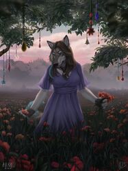  2020 5_fingers anthro aurru big_breasts blue_eyes breasts canid canine canis clothed clothing day detailed_background digital_media_(artwork) echo_(echoic) eyebrows eyelashes female fingers grass hi_res mammal outside plant sky smile solo wolf 