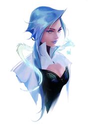  black_corset blue_eyes blue_hair blue_lips breasts cleavage commentary corset dragon english_commentary eyeliner female lipstick lyris magic makeup original realistic ross_tran solo spectral upper_body white_background 