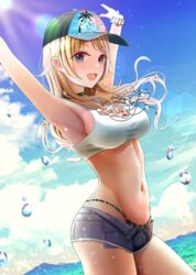  ;d armpits arms_up bare_shoulders baseball_cap bikini black_choker blonde_hair blue_eyes blue_shorts blush breasts bubble choker cloud commentary_request cowboy_shot cutoffs day denim denim_shorts exposed_pocket female groin hachimiya_meguru hat highres idolmaster idolmaster_shiny_colors large_breasts long_hair looking_at_viewer micro_shorts navel one_eye_closed open_mouth outdoors revision shorts sidelocks smile solo standing stomach sunlight swimsuit taut_bikini thighs turisasu water 