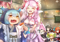  6+girls :3 :d ^_^ animal_ears apron ascot black_dress black_hair black_horns blue_eyes blue_hair blue_horns blue_kimono blush braid breasts brown_choker candle ceiling chamber_dragonmaid choker cleavage clenched_hands closed_eyes collar collared_dress commentary_request curled_horns curtains dragon_girl dragon_horns dragon_tail dragon_wings dress duel_monster flat_chest food fork frilled_apron frilled_collar frills gauntlets glasses green_hair green_horns green_wings hair_between_eyes hair_over_shoulder hair_rings hand_up hat hatano_kiyoshi holding holding_fork horns house_dragonmaid indoors japanese_clothes kimono kitchen_dragonmaid lace-trimmed_apron lace_trim large_breasts laundry_dragonmaid leaning_forward long_sleeves lower_teeth_only maid maid_apron maid_headdress mixed_maids multicolored_hair multiple_girls neck_ribbon nurse_cap nurse_dragonmaid oerba_yun_fang open_mouth parlor_dragonmaid picture_frame pink_dress pink_hair pink_horns pink_wings puffy_long_sleeves puffy_short_sleeves puffy_sleeves red_ascot red_dress red_hair red_neckwear ribbon short_hair short_sleeves sidelocks smile sparkle sweatdrop tail teeth two-tone_hair upper_body wa_maid wall white_apron white_hair window wings wristband yellow_eyes yellow_horns yu-gi-oh! 