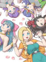  5girls :d arinsu_(kodamamaimai) bella_(dq5) bianca_(dq5) black_hair blonde_hair blue_eyes blue_hair blush bow bracelet breasts cape commentary_request deborah_(dq5) dragon_quest dragon_quest_v earrings flora_(dq5) flower grey_eyes hair_flower hair_ornament hairbow holding_hands hoop_earrings jewelry long_hair looking_at_viewer lying medium_breasts multiple_girls nail_polish on_back open_mouth orange_cape petals pink_bow pointy_ears powan purple_hair red_flower red_nails red_rose rose smile 