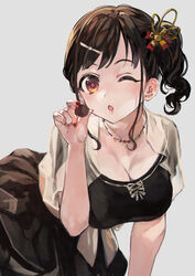  ;o black_dress blush breasts brown_hair capelet chocolate cleavage dress female fingernails food highres holding holding_chocolate holding_food idolmaster idolmaster_shiny_colors large_breasts leaning_forward looking_at_viewer nail_polish one_eye_closed otsudou see-through see-through_capelet shirt side_ponytail simple_background solo sonoda_chiyoko wavy_hair white_background 