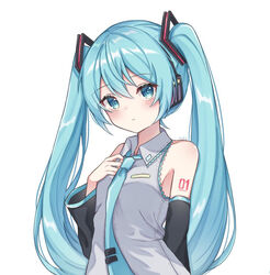  bare_shoulders black_sleeves blue_eyes blue_hair blue_necktie blush breasts closed_mouth collared_shirt commentary_request detached_sleeves female grey_shirt hair_between_eyes hand_up hatsune_miku long_hair long_sleeves looking_at_viewer necktie noneon319 shirt simple_background sleeveless sleeveless_shirt small_breasts solo tie_clip twintails very_long_hair vocaloid white_background wide_sleeves 