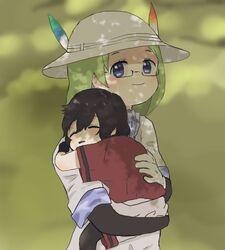  2girls aged_down bad_id bad_twitter_id black_gloves black_hair black_pantyhose blue_eyes blush camouflage_trim carrying child_carry closed_eyes commentary_request elbow_gloves glasses gloves green_hair grey_shorts hat_feather helmet kaban_(kemono_friends) kemono_friends lolicon long_hair mirai_(kemono_friends) multiple_girls no_headwear pantyhose pith_helmet red_shirt semi-rimless_eyewear shirt short_hair short_sleeves shorts sleeping t-shirt uniform white_gloves yodaka_miy 