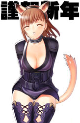  ^_^ adventurer_(ff11) arms_behind_back belt black_hairband breasts brown_hair cleavage closed_eyes cowboy_shot cross-laced_clothes cross-laced_legwear female final_fantasy final_fantasy_xi hairband hume jewelry legs_together medium_breasts monk_(final_fantasy) neck_ring panties pink_lips purple_belt purple_panties purple_robe purple_thighhighs robe short_hair simple_background solo standing taisai_soft thigh_gap thighhighs thighs underwear white_background 