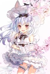  :d animal-themed_umbrella animal_ear_fluff animal_ears azur_lane bare_shoulders black_bow black_bowtie blush bow bowtie branch bridal_garter cherry_blossoms commentary_request cowboy_shot dress female frilled_dress frilled_sleeves frills hair_ribbon hairbow highres holding holding_umbrella layered_dress long_hair long_sleeves looking_at_viewer oerba_yun_fang official_alternate_costume open_mouth panipo parasol petals red_eyes ribbon ribbon-trimmed_sleeves ribbon_trim simple_background skin_fang smile solo umbrella white_background white_dress white_hair white_ribbon yukikaze_(azur_lane) yukikaze_(sovereign_of_the_swing)_(azur_lane) 