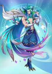  1boy abs absurdres artist_request asymmetrical_bangs beard belt blue_belt blue_pants capelet closed_mouth elbow_gloves english_commentary facial_hair feathered_wings feathers fingerless_gloves full_body fur_trim gloves goatee green_eyes green_hair hand_on_own_arm highres league_of_legends looking_at_viewer male_focus medium_hair multicolored_background muscular muscular_male navel official_art pants pectoral_cleavage pectorals pointy_ears rakan_(league_of_legends) redeemed_star_guardian_rakan sleeveless smile solo standing star_(symbol) star_guardian_(league_of_legends) star_guardian_pet star_guardian_rakan stomach white_capelet white_gloves wings 