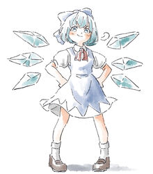  blue_bow blue_dress blue_eyes blue_hair bobby_socks bow brown_footwear cirno closed_mouth detached_wings dress fairy female full_body hairbow hands_on_own_hips ice ice_wings legs_apart loafers looking_at_viewer neck_ribbon nishikuromori no_pupils pigeon-toed puffy_short_sleeves puffy_sleeves red_ribbon ribbon shadow shoes short_hair short_sleeves smile socks solo standing touhou v-shaped_eyebrows white_socks wings 