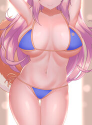  absurdres arms_up ass_visible_through_thighs bare_shoulders bikini blue_bikini breasts close-up closed_mouth commentary_request cowboy_shot fang_out fate/grand_order fate_(series) female fox_tail head_out_of_frame highres jifuwabe large_breasts light_smile lips long_hair navel oerba_yun_fang pink_hair side-tie_bikini_bottom solo stomach swimsuit tail tamamo_(fate) tamamo_no_mae_(swimsuit_lancer)_(fate) thigh_gap 