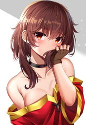  absurdres bare_shoulders black_gloves blush breasts breasts_apart brown_hair choker cleavage collarbone commentary_request female fingerless_gloves gloves hair_between_eyes head_tilt highres holding holding_own_hair kono_subarashii_sekai_ni_shukufuku_wo! looking_at_viewer medium_hair megumin red_eyes short_hair_with_long_locks small_breasts solo sunhyun upper_body white_background 