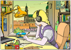  akg blonde_hair book bookshelf border braid cathedral closed_mouth commentary_request computer day desk desk_lamp dress female frog from_side headphones holding holding_pencil indoors jitome lamp laptop lofi_girl_(youtube) long_hair metropolis_(fritz_lang) pencil poster_(object) purple_dress single_braid smalllebowski solo studying white_border window writing 