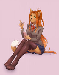  anthro arms_bent bent_legs black_nose bottomwear clothing coat doki_doki_literature_club! domestic_cat dual_holding eyebrows felid feline felis female fluffy_ears footwear furgonomics green_eyes hair hi_res holding_object holding_pen holding_writing_utensil karpusha knees_together legs_together legwear long_hair looking_at_viewer mammal monika_(doki_doki_literature_club!) multicolored_body notebook paws pen planted_legs ponytail red_hair shirt shoes sitting skirt smile solo stockings string_bow tail tail_through_skirt team_salvato tied_string topwear two_tone_tail white_clothing white_shirt white_topwear writing_utensil 