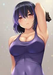  :&lt; arm_at_side arm_up armpits bare_shoulders black_gloves blush breasts bursting_breasts cleavage closed_mouth collarbone competition_swimsuit covered_navel covered_nipples female gloves god_eater god_eater_resonant_ops gradient_background grey_background hair_between_eyes highres large_breasts light_particles looking_at_viewer one-piece_swimsuit pink_lips purple_hair purple_one-piece_swimsuit red_eyes sera_kisaragi short_hair solo swimsuit upper_body watanuki_kaname 